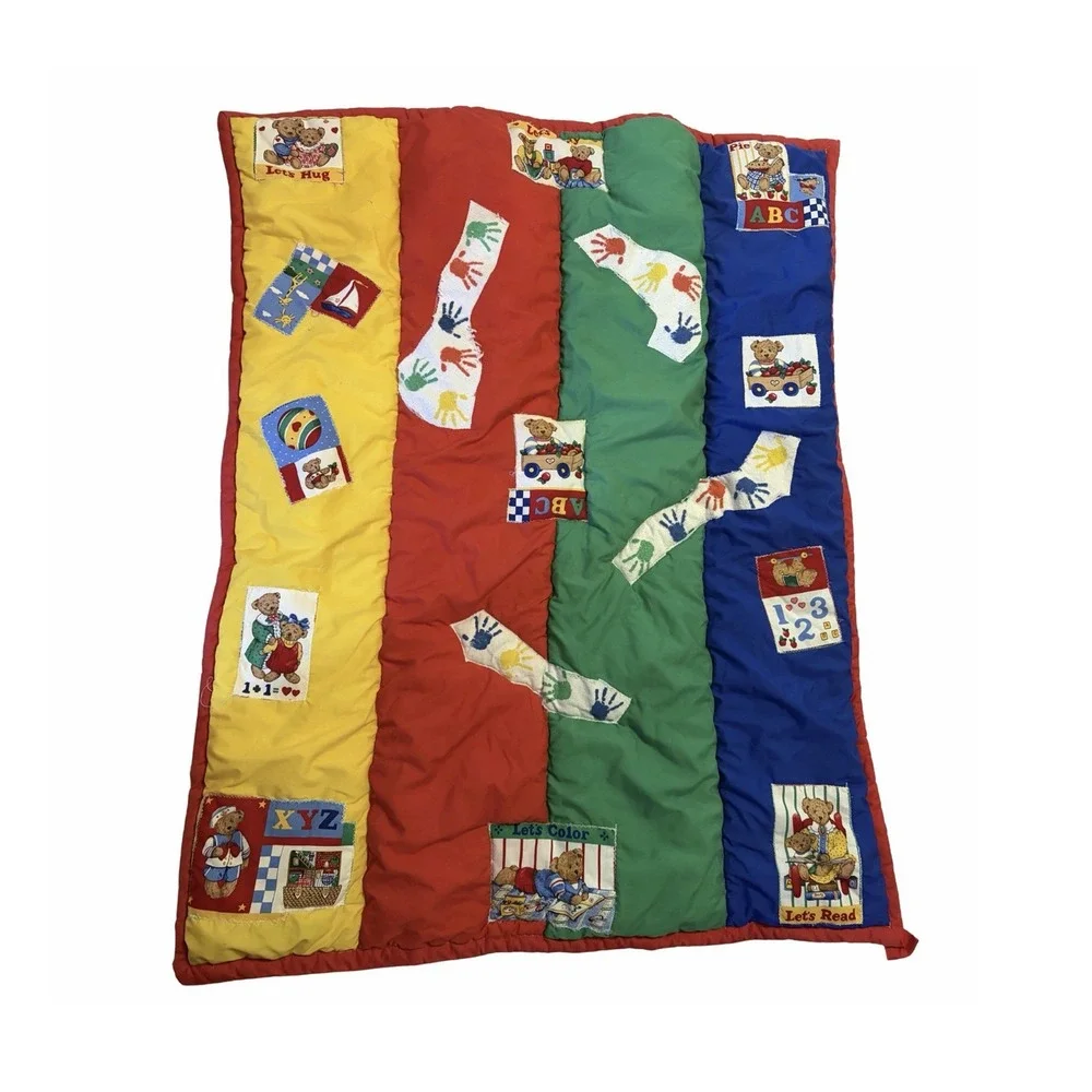 Crib Quilt Multicolor Appliqued Teddy Bears ABC Patchwork Design Vintage Y2K
